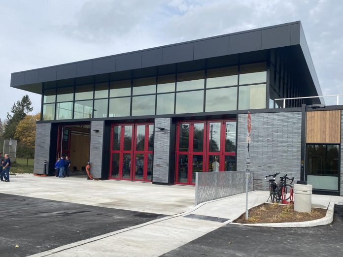 Located at 100 Marina Boulevard at the former site of Northcrest Arena, Fire Station No. 2 features a combination of high-efficiency and intelligent technologies, including automated control systems, ground source heat pumps, rooftop solar panels, and heat-recovery systems. The building is constructed with a mass timber structure, a carbon sequestering material, and a high-performance exterior envelope that helps reduce its carbon footprint. Bird-friendly and high-performance windows and doors provide lots of natural light, reducing both heat loss and the need for electrical lighting. (Photo: Paul Rellinger / kawarthaNOW)