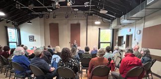 During an event at the Peterborough Theatre Guild on October 23, 2024, Peterborough Foundation board member Pat Hooper addressed representatives of some of the local charitable organizations that have recently received a grant from the foundation, which was established in 1953 and has since provided more than $2 million in grants to support community causes. (Photo: Mike Melnick)