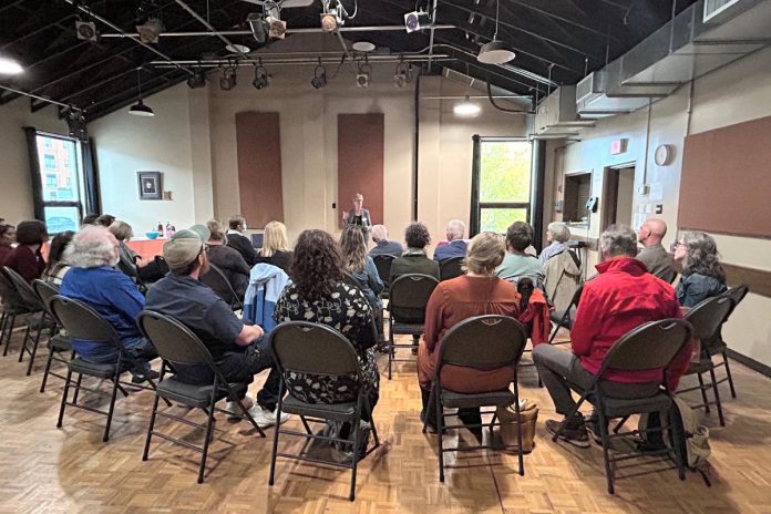 During an event at the Peterborough Theatre Guild on October 23, 2024, Peterborough Foundation board member Pat Hooper addressed representatives of some of the local charitable organizations that have recently received a grant from the foundation, which was established in 1953 and has since provided more than $2 million in grants to support community causes. (Photo: Mike Melnick)