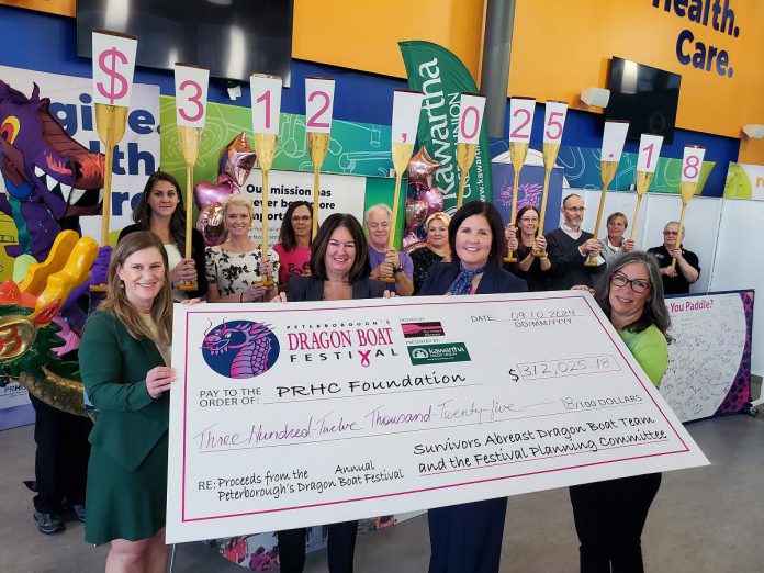 Peterborough Regional Health Centre (PRHC) general surgeon Dr. Brie Banks, Kawartha Credit Union president and CEO Norah McCarthy, PRHC Foundation president and CEO Lesley Heighway, and Peterborough's Dragon Boat Festival chair Michelle Thornton hold a $312,025.18 cheque representing the funds raised at this year's festival during an event on October 9, 2024 in the hospital's cafeteria. The funds will support cancer care advancements at PRHC like digital pathology and breast seed localization. (Photo courtesy of Peterborough's Dragon Boat Festival)