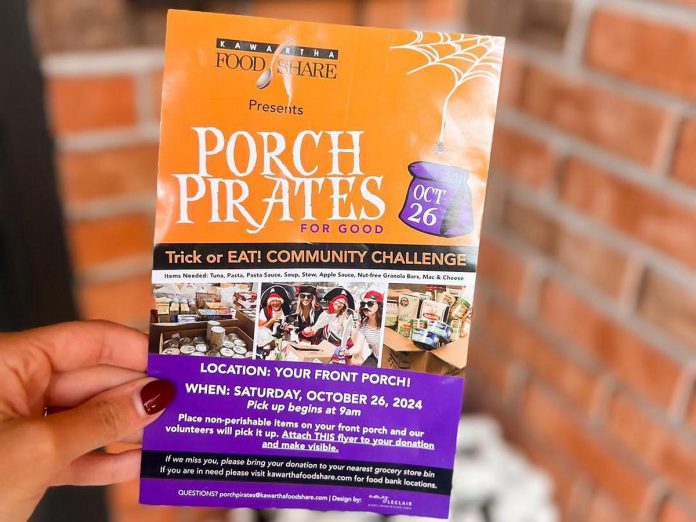 Volunteers with "Porch Pirates for Good" will be driving around Peterborough on October 26, 2024 to collect donated items for Kawartha Food Share that residents leave on their front porches. In the last four years, the Porch Pirates for Good semi-annual food drives have brought in over 165,000 pounds of food and over $15,000 in monetary donations. (Photo: Kawartha Food Share)