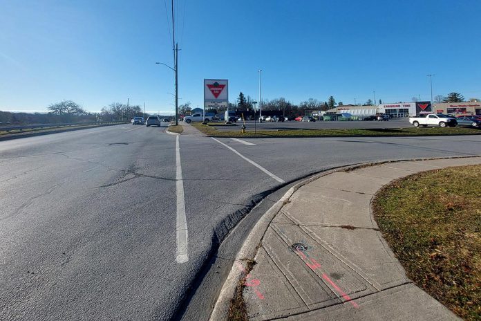 Two female pedestrians were injured, one seriously, when they were struck by a dark-coloured SUV turning from Grand Road onto Alma Street in Campbellford on November 21, 2024. The female driver of the SUV stopped and briefly exited the vehicle before getting back in the vehicle and leaving the scene. (Photo: Northumberland OPP)