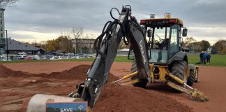 Upset residents confronted workers at Bonnerworth Park in Peterborough on November 6, 2024 as heavy machinery began preparatory work for the city's $4.4 million redevelopment of the greenspace, which would see the installation of an expanded skateboard park, a new bike pump track, and 14 pickleball courts. A legal firm representing the 'Friends of Bonnerworth Park' citizen group has served the City of Peterborough with notice of an application for an injunction to stop work in the park, with a court hearing date set for November 25. (Photo: Taras Pater)