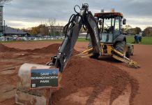 Upset residents confronted workers at Bonnerworth Park in Peterborough on November 6, 2024 as heavy machinery began preparatory work for the city's $4.4 million redevelopment of the greenspace, which would see the installation of an expanded skateboard park, a new bike pump track, and 14 pickleball courts. Since then, construction work at the park has continued, despite efforts by the Friends of Bonnerworth Park citizen group to get a hearing in court for a stop-work injunction. (Photo: Taras Pater)