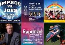 encoreNOW for November 11, 2024 features (from left to right, top and bottom) Impros vs. Joes on November 15, "What's in Your Songbook" on November 17, "The Wizard of Oz" from November 22 to 24, Russell deCarle on November 23, "Rapunzel - A Merry (Hairy) Holiday Panto" from November 22 to December 22, and "Raven Mother" on November 26. (kawarthaNOW collage)