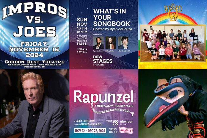 encoreNOW for November 11, 2024 features (from left to right, top and bottom) Impros vs. Joes on November 15, "What's in Your Songbook" on November 17, "The Wizard of Oz" from November 22 to 24, Russell deCarle on November 23, "Rapunzel - A Merry (Hairy) Holiday Panto" from November 22 to December 22, and "Raven Mother" on November 26. (kawarthaNOW collage)