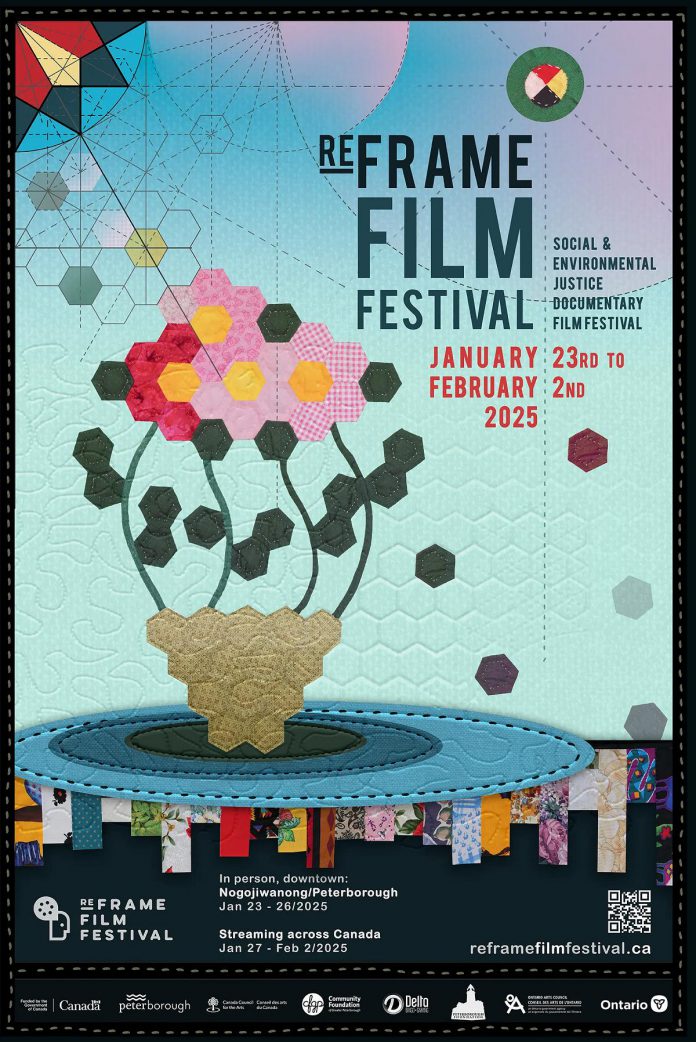 The artwork featured in ReFrame's 2025 posters, tickets, website, and merchandise was produced through a commissioned collaboration between artists Alice Olsen Williams, an Indigenous quilt maker, and Gillian Turnham, a practitioner of traditional Islamic geometric art, with the resulting artwork digitally rendered by Michael Morritt. (Graphic: ReFrame Film Festival)