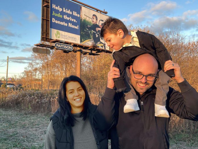 Parents Julie and Aaron Grant and their son Jude are being featured in a new promotional campaign recently launched by Five Counties Children's Centre. The regional children's treatment centre supports Jude and other children with special needs in the Kawartha Lakes and in Peterborough, Northumberland, and Haliburton counties. In 2023, Five Counties received a $135,200 grant from the provincial government’s Ontario Trillium Foundation to implement new fundraising and communications strategies. (Photo courtesy of Five Counties Children's Centre)