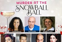 Linette Doherty, Kerry Griffin, Jennine Profeta, Kelly Burrows, Dave Pearce, Chris Gibbs, and Maya Doherty star in Globus Theatre's festive murder mystery dinner theatre experience "Murder at the Snowball Ball," which runs for six performances at the Lakeview Arts Barn from November 14 to 23, 2024. (Graphic: Globus Theatre)