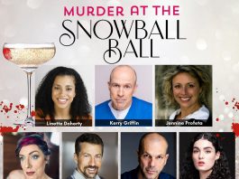 Linette Doherty, Kerry Griffin, Jennine Profeta, Kelly Burrows, Dave Pearce, Chris Gibbs, and Maya Doherty star in Globus Theatre's festive murder mystery dinner theatre experience "Murder at the Snowball Ball," which runs for six performances at the Lakeview Arts Barn from November 14 to 23, 2024. (Graphic: Globus Theatre)