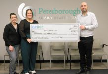 The Peterborough Family Health Team (PFHT) and Community Care Peterborough are the inaugural recipients of the new senior care micro grant program administered by the Greater Peterborough Health Services Foundation (GPHSF). Pictured is GPHSF executive director Vince Bierworth (right) presenting a $5,000 cheque to PFHT health clinic medical officer Alexis Leroux and patient services supervisor Amber Brown on November 14, 2024. PFHT will use the grant to increase ease and access to care for seniors who do not have a family doctor and are using one of the two PFHT's unattached patient clinics. (Photo courtesy of GPHSF)