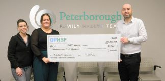 The Peterborough Family Health Team (PFHT) and Community Care Peterborough are the inaugural recipients of the new senior care micro grant program administered by the Greater Peterborough Health Services Foundation (GPHSF). Pictured is GPHSF executive director Vince Bierworth (right) presenting a $5,000 cheque to PFHT health clinic medical officer Alexis Leroux and patient services supervisor Amber Brown on November 14, 2024. PFHT will use the grant to increase ease and access to care for seniors who do not have a family doctor and are using one of the two PFHT's unattached patient clinics. (Photo courtesy of GPHSF)