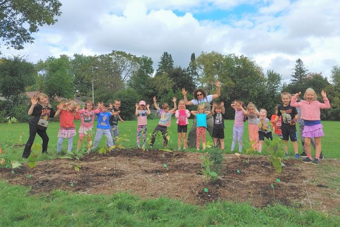 Students at Keith Wightman Public School in Peterborough, pictured by the school's Little Forest on October 1, 2024, loved planting trees. For children, planting plugs are a great option because they are small and easy to carry, require less soil disturbance to plant, and have robust root balls that can withstand a lot of handling by eager young planters. (Photo: Laura Keresztesi / GreenUP)