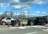 While both of their vehicles are a write-off, neither driver was seriously injured in this head-on collision on Highway 7 just east of Peterborough on November 8, 2024. (Police-supplied photo)