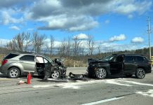 While both of their vehicles are a write-off, neither driver was seriously injured in this head-on collision on Highway 7 just east of Peterborough on November 8, 2024. (Police-supplied photo)