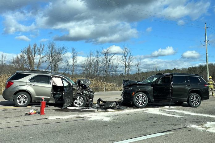 While both of their vehicles are a write-off, neither driver was seriously injured in this head-on collision on Highway 7 just east of Peterborough on November 8, 2024. (Police-supplied photo)