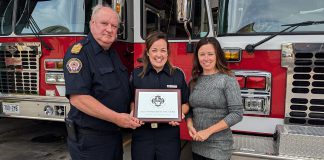 The Kawartha Lakes Fire Rescue Service's fire prevention video series "Jump Into Fire Safety With Katie" has won the program of the year award from the Ontario Association of Fire Educators. Pictured are fire chief Terry Jones, fire prevention public educator and series host Katie Dukelow, and Rogers TV Producer Mel Shannon. (Photo courtesy of City of Kawartha Lakes)