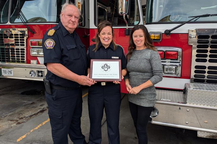 The Kawartha Lakes Fire Rescue Service's fire prevention video series "Jump Into Fire Safety With Katie" has won the program of the year award from the Ontario Association of Fire Educators. Pictured are fire chief Terry Jones, fire prevention public educator and series host Katie Dukelow, and Rogers TV Producer Mel Shannon. (Photo courtesy of City of Kawartha Lakes)