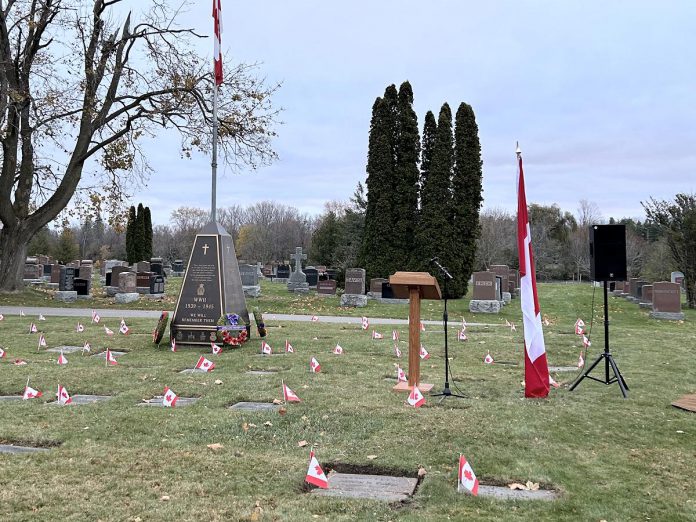 The war memorial in Peterborough's Little Lake Cemetery. In advance of Remembrance Day, local students have been placing Canadian flags at individual veteran's graves at the cemetery in association with the No Stone Left Alone Memorial Foundation. (Photo courtesy of Little Lake Cemetery Co.)