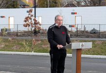 Peterborough Mayor Jeff Leal announced the release of the 15-recommendation report of the Mayor's Task Force for Housing Creation at a media event on November 5, 2024 in front of of Ashburnham Realty's six-storey building currently under construction along the Rotary Greenway Trail just north of Robinson Street in Peterborough's East City. (Photo: Bruce Head / kawarthaNOW)