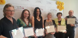 The six recipients of the inaugural Peterborough Arts Awards (Robert Winslow, Melody Thomas, Leanne Betasamosake Simpson, Krista English, Beth McMaster, and Brad Brackenridge) on May 25, 2018. After a five-year hiatus due to the pandemic, the awards are returning for 2024 with nominations open until December 16. The awards will be presented on February 13, 2025 at The Mayor's Luncheon for the Arts at The Canadian Canoe Museum in Peterborough. (Photo: Jeannine Taylor / kawarthaNOW)