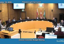 During its budget deliberations on November 19, 2024, Peterborough city council meeting as general committee voted against the 25 per cent funding cut to 75 arts and social services organizations proposed in the 2025 draft budget. (kawarthaNOW screenshot)