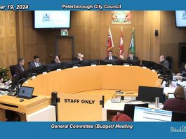 During its budget deliberations on November 19, 2024, Peterborough city council meeting as general committee voted against the 25 per cent funding cut to 75 arts and social services organizations proposed in the 2025 draft budget. (kawarthaNOW screenshot)