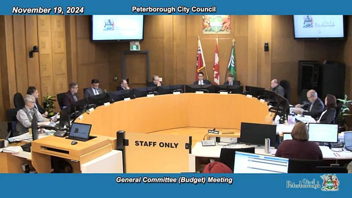 During its budget deliberations on November 19, 2024, Peterborough city council meeting as general committee voted against the 25 per cent funding cut to 75 arts and social services organizations proposed in the 2025 draft budget. (kawarthaNOW screenshot)