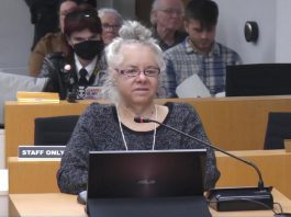 Su Ditta, executive director of the not-for-profit arts organization Electric City Culture Council (EC3), addressed Peterborough city council on November 12, 2024 as one of many delegations objecting to a proposed 25 per cent cut to 75 arts and social services organizations in the city's draft 2025 budget. A week later, only hours after voting to reverse those cuts, council voted to defund EC3 in 2025. (kawarthaNOW screenshot of City of Peterborough video)