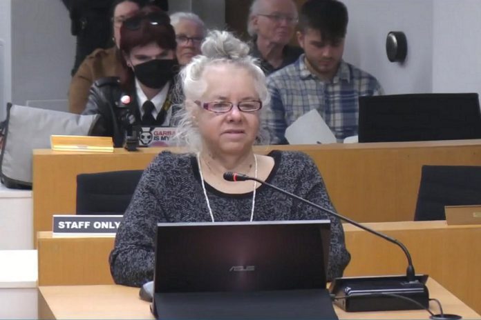 Su Ditta, executive director of the not-for-profit arts organization Electric City Culture Council (EC3), addressed Peterborough city council on November 12, 2024 as one of many delegations objecting to a proposed 25 per cent cut to 75 arts and social services organizations in the city's draft 2025 budget. A week later, only hours after voting to reverse those cuts, council voted to defund EC3 in 2025. (kawarthaNOW screenshot of City of Peterborough video)