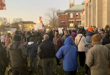 Around 400 people gathered outside Peterborough City Hall on November 12, 2024 to protest a proposed 25 per cent across-the-board cut in the City of Peterborough's 2025 draft budget to grants to community organizations. (Photo: Paul Rellinger / kawarthaNOW)