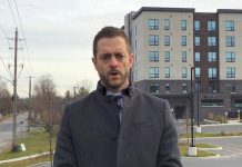 Detective sergeant Josh McGrath in a Peterborough Police Service video describing the incident on November 16, 2024 at the Hunt Terraces apartment building that resulted in the death of a 62-year-old Peterborough man who was a tenant in the building. A 38-year-old Peterborough man who is also a tenant in the building has been charged with second-degree murder. (kawarthaNOW screenshot)