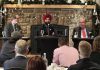 City of Peterborough chief administrative officer Jasmir Raina (middle) addressing the audience at the annual Mayor's Breakfast event at the Peterborough Golf and Country Club on November 21, 2024, presented by the Peterborough and the Kawarthas Chamber of Commerce, as the chamber's vice president of government relations and communications Joel Weibe (left) and Mayor Jeff Leal listen. (Photo: Jeannine Taylor / kawarthaNOW)