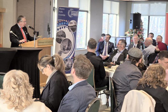 Peterborough's mayor Jeff Leal addressing the audience at the annual Mayor's Breakfast event at the Peterborough Golf and Country Club on November 21, 2024, presented by the Peterborough and the Kawarthas Chamber of Commerce. (Photo: Jeannine Taylor / kawarthaNOW)