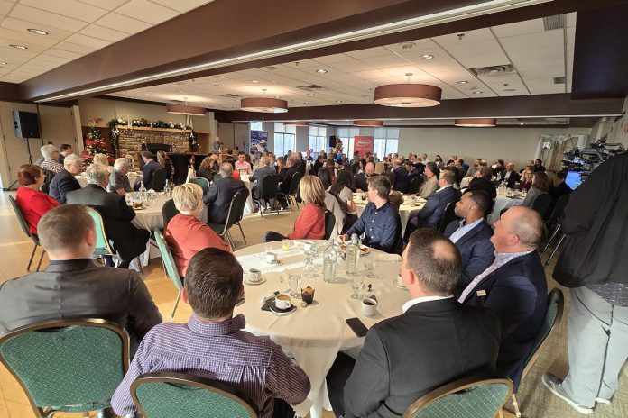 Local business leaders and business owners gathered at the Peterborough Golf and Country Club on November 21, 2024 for the annual Mayor's Breakfast event presented by the Peterborough and the Kawarthas Chamber of Commerce to listen to an address from Mayor Jeff Leal and a subsequent question-and-answer session with the mayor and the city's chief administrative officer Jasbir Raina. (Photo: Jeannine Taylor / kawarthaNOW)