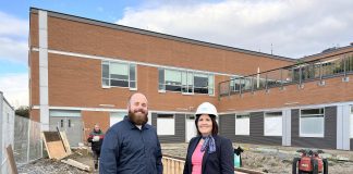 Peterborough Regional Health Centre (PRHC) construction co-ordinator Shawn Durand and PRHC Foundation President and CEO Lesley Heighway at the new courtyard for the Psychiatric Intensive Care Unit currently under construction. The courtyard is the latest project to be funded through the PRHC Foundation's Campaign for PRHC. In celebration of National Philanthropy Day on November 15, 2024, the PRHC Foundation announced it has reached 82 per cent of its $60-million campaign goal, the investment of which can already be seen throughout the regional hospital. (Photo courtesy of PRHC Foundation)