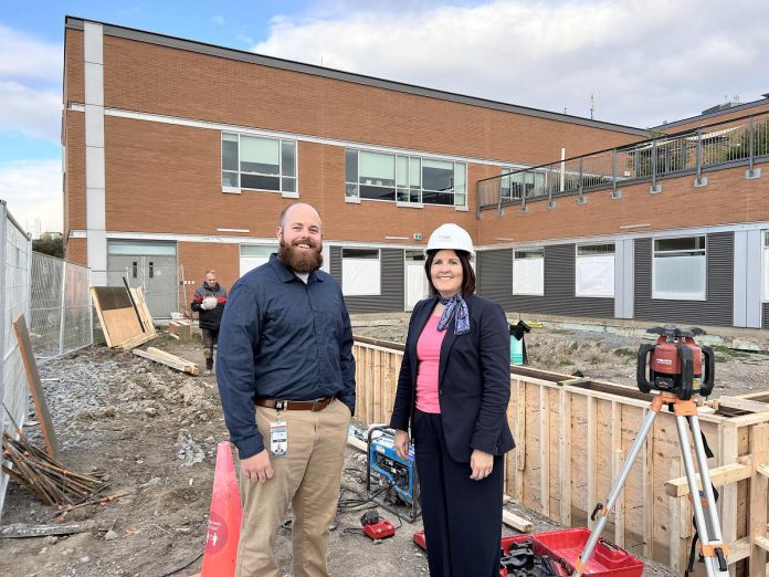 Peterborough Regional Health Centre (PRHC) construction co-ordinator Shawn Durand and PRHC Foundation President and CEO Lesley Heighway at the new courtyard for the Psychiatric Intensive Care Unit currently under construction. The courtyard is the latest project to be funded through the PRHC Foundation's Campaign for PRHC. In celebration of National Philanthropy Day on November 15, 2024, the PRHC Foundation announced it has reached 82 per cent of its $60-million campaign goal, the investment of which can already be seen throughout the regional hospital. (Photo courtesy of PRHC Foundation)