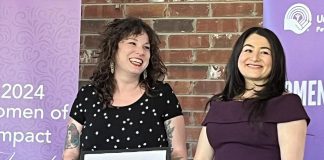 One City Peterborough's drop-in program coordinator Cheyenne Buck (left, pictured with Maryam Monsef), who was one of 20 local women who received a Women of Impact award from the United Way Peterborough & District in May 2024, is also being honoured with a Rebel with a Cause award from the Elizabeth Fry Society of Peterborough, along with Kelli Marshall and Jocelyn Enright, at a fundraising event at Showplace Performance Centre in downtown Peterborough on November 27, 2024. (Photo: United Way Peterborough & District)