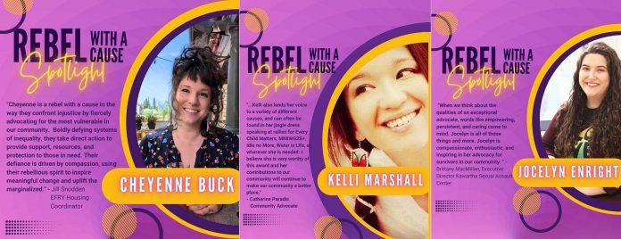 The 2024 "Rebel with a Cause" award recipients: Cheyenne Buck, Kelli Marshall, and Jocelyn Enright. (Graphics: Elizabeth Fry Society of Peterborough)