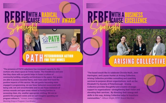 The inaugural "Radical Audacity Award" and "Business Excellence Award" recipients are Peterborough Action for Tiny Homes (PATH) and Arising Collective. (Graphics: Elizabeth Fry Society of Peterborough)