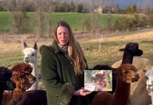 Katie Maitland of Wanderlight Alpaca Experience is selling a 2025 calendar featuring 12 alpacas from her Douro-Dummer farm and will donate $10 from the sale of each $21 calednar to YES Shelter for Youth and Families. (kawarthaNOW screenshot of Wanderlight video)