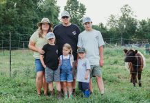 Duff Acres co-owners Ashley Foreman and Chris Duff with their children William, James, Evelyn, and Charles. The Keene farm family has once again teamed up with local businesses to create a gift bundle during the 2025 holiday season for a local family in need. (Photo courtesy of Duff Acres)