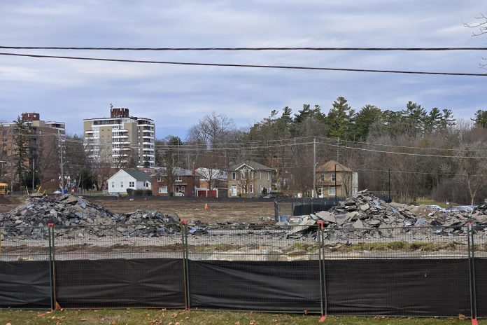 A view of Bonnerworth Park in Peterborough on November 25, 2024 following a month of initial construction work to prepare the now-closed park for the City of Peterborough's $4.1-million redevelopment project. (Photo: Jeannine Taylor / kawarthaNOW)