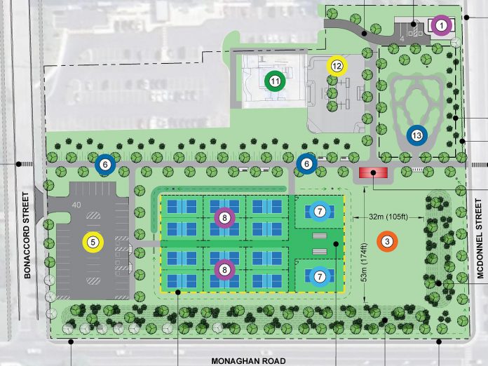 A detail from the revised plan for Peterborough's Bonnerworth Park redevelopment, which was be presented to the city's arenas, parks and recreation advisory committee and the accessibility advisory committee on August 13, 2024. (Graphic: City of Peterborough / Landscape Planning Landscape Architects)