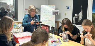 Guest artist Lisa Noble from the Trent University School of Education leads GreenUP Youth Climate Action participants in a workshop activity to create jewellery with recycled parts like bike chains and buttons. The workshop held on November 14, 2024 empowered youth to creatively keep used items out of landfills. Youth who complete four of the six workshops in the series receive a certificate adding a valuable credential to their resume. (Photo: Angela Sundue)