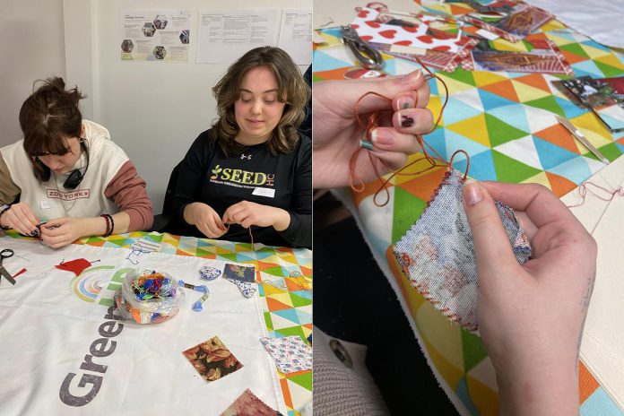 Youth Climate Action participants use slow stitching techniques to create fabric scrap holiday ornaments at the Eco Gift Crafting workshop on December 11, 2024. Sustainable decorating and gift-giving can help to mitigate the large amounts of waste that are generated during the holidays. (Photos: Natalie Stephenson / GreenUP)