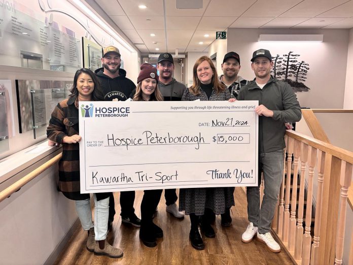 The organizers of the annual Kawartha Tri-Sport Tournament presented a donation of $15,000 to Hospice Peterborough on November 21, 2024, as part of the $72,000 raised during the ninth annual tournament held from September 13 to 16 in Ennismore. (Photo courtesy of Kawartha Tri-Sport Tournament)