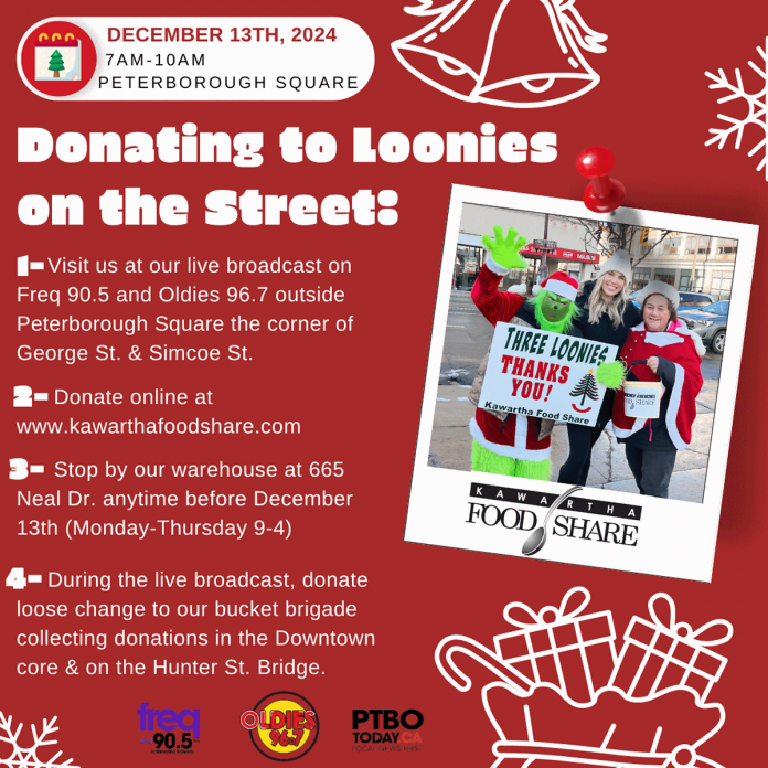 Those are cannot attend the 'Loonies on the Street' fundraiser on December 13, 2024 are encouraged to drop off monetary donations at the Kawartha Food Share warehouse or to donate online. (Graphic: Kawartha Food Share)