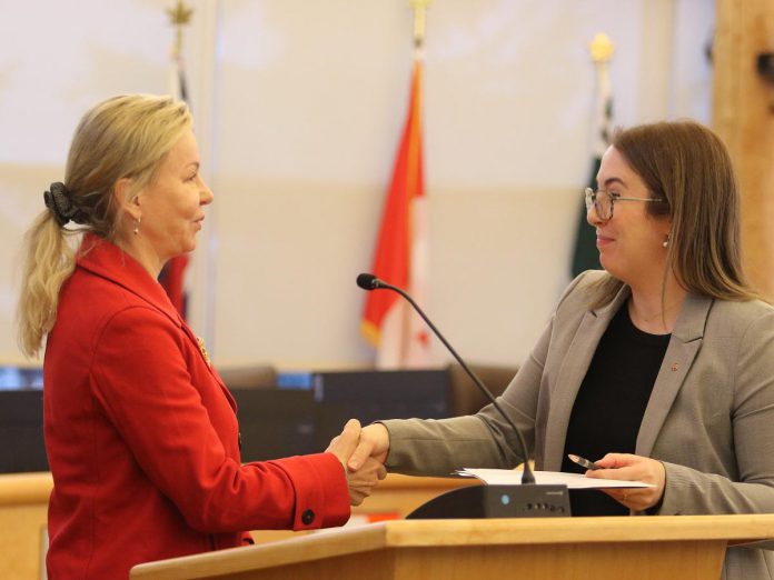 Olena Hankivsky (left), mayor of the Municipality of Port Hope, takes her oath of office as Northumberland County deputy warden on December 18, 2024. (Photo courtesy of Northumberland County)