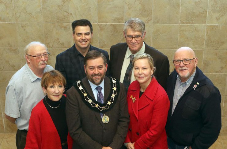 Northumberland County council (left to right, front to back): Cramahe Township mayor Mandy Martin, warden and Brighton mayor Brian Ostrander, deputy warden and Port Hope mayor Olena Hankivsky, Trent Hills mayor Bob Crate, Hamilton Township mayor Scott Gibb, Cobourg mayor Lucas Cleveland, and Alnwick/Haldimand mayor John Logel. (Photo: Northumberland County)